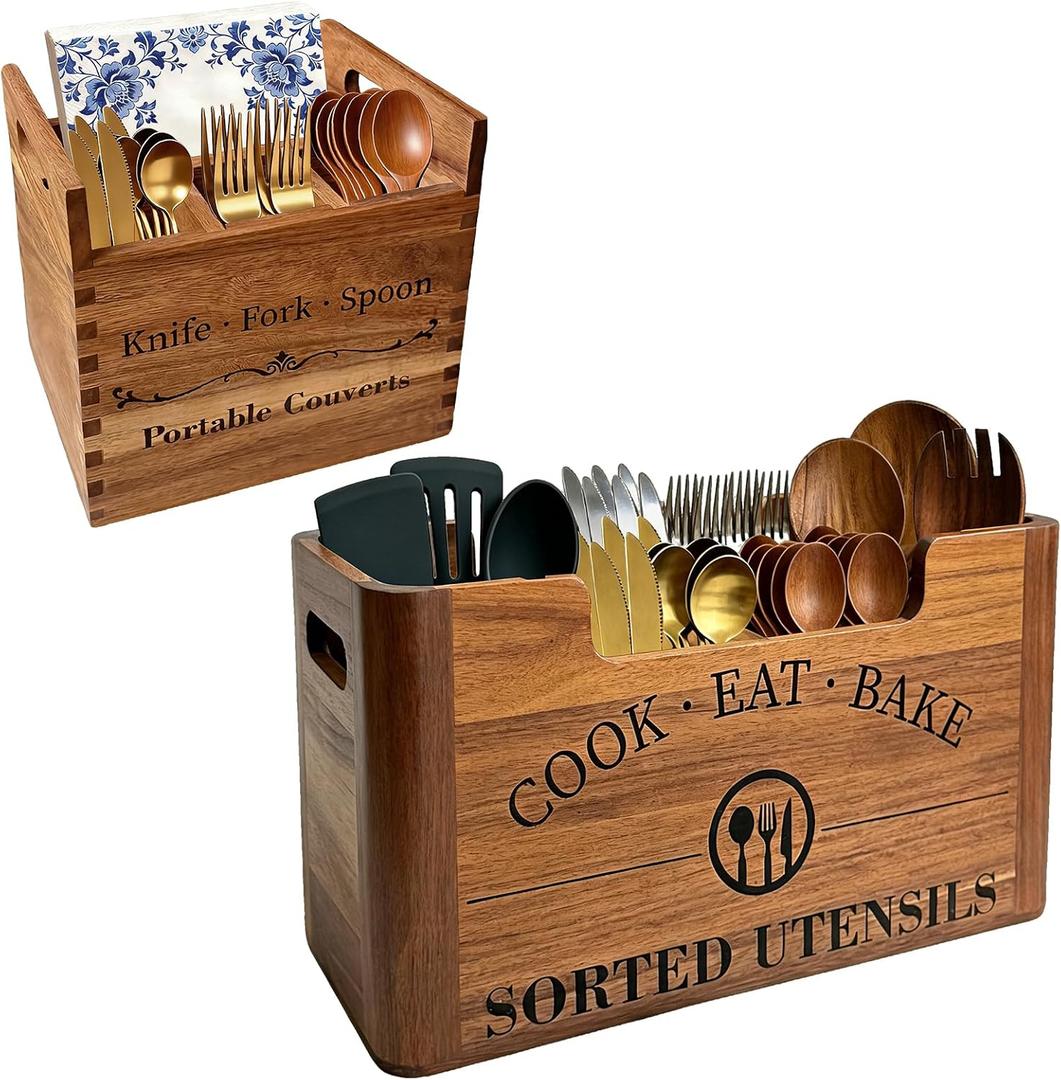 2-in-1 Acacia Wood Kitchen Utensil Holder with Removable Caddy