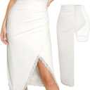 Popilush Midi Skirts for Women Lace Shapewear Split Satin High Waisted Bodycon Long Skirt Built-in Tummy Control (Medium, White)