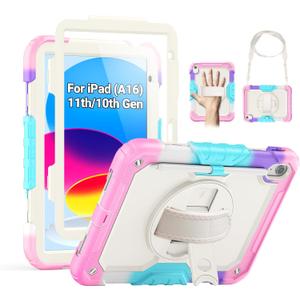 SEYMAC Case for iPad (A16) 11th/10th Generation 2025/2022 (11/10.9), Sturdy Heavy Duty Full-Body Shockproof Protective Case with Screen Protector, Rotating Stand, Hand/Shoulder Strap, Colorful/Pink