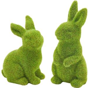 Easter Bunny Decor, 2pcs Flocked Bunny Moss Bunnies Spring Decor Resin Rabbit Figurines for Table Desk Easter Decorations (Small 2pcs)