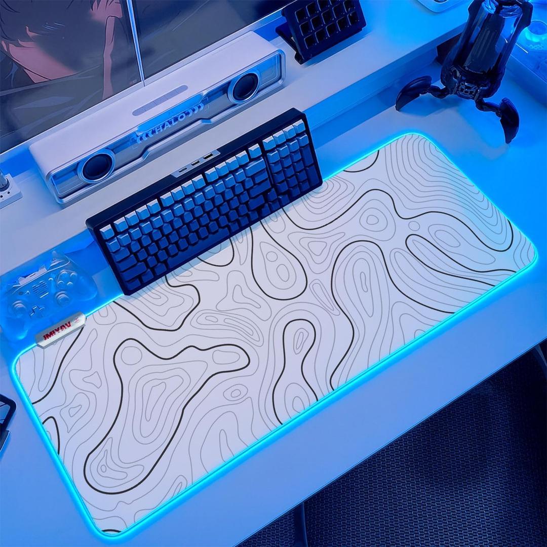 JMIYAV Gaming Mouse Pad RGB Mousepad Non-Slip Rubber Base Large Cool XL XXL Computer Desk Pad Gaming Accessories LED Light Up Big Mouse Pad for Gamer Topographic White (31.5x12In)