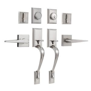 NeuType Double Door Lock Set Double Door Handle Set Front Door Handle Sets,Entrance Handle Set with Dummy,with Single Cylinder Deadbolt and Lever Handle, Satin Nickel
