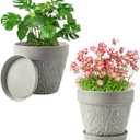 Melphoe Plant Pots Indoor with Drainage & Saucer, 2Pack 7 inch Flower Pots Outdoor Planters for Indoor Plants Garden Home Decor Cactus Succulent, Rigid Plastic (Imitation-Terracotta) Vine-Embossed (Cement Grey Color)