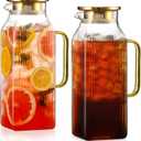 2 Pack 2 Liter/68 oz Square Glass Pitcher with Lid, Classic Stripes Water Pitchers with Handle for Fridge, Large Jug for Iced Tea, Coffee, Borosilicate Glass Carafe for Hot/Cold Brew Drink, Gold