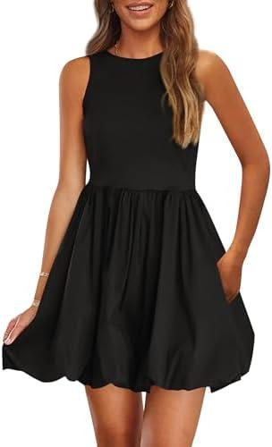 PRETTYGARDEN Summer Dresses for Women 2025 Casual Sleeveless Tank Mini Short Dress Crew Neck Bubble Sundress with Pockets M