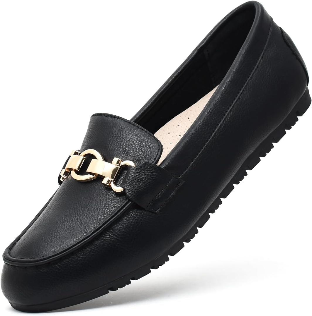 Loafers for Women Business Casual Shoes Comfortable & Lightweight Penny Loafers Slip On Work Flats (11 Wide, Black Napa Leather)