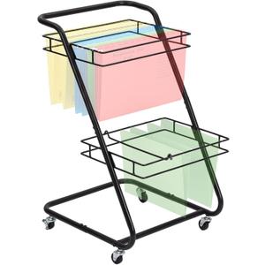 Novabright 2 Tiers Rolling Hanging File Cart Cabinet with Locked Wheels Handle Mobile File Storage Cart Metal Paper Letter Legal Size Folder Organizer Adjustable Rolling for Office Home School