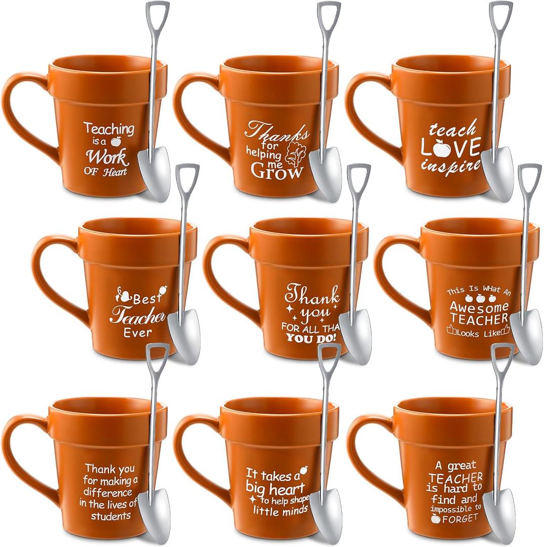 9 Pcs Christmas Teacher Appreciation Gifts for Women Gardener Coffee Mug with Shovel Spoon Plant Lover Cup Thank You Gift for Graduation End of Year Birthday Party Favor(Cute)
