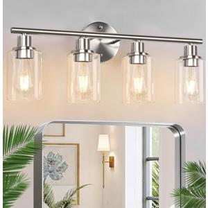 4-Light Bathroom Light Fixtures, Brushed Nickel Modern Vanity Lights Over Mirror with Clear Glass Shade, Bathroom Wall Lamp for Mirror Kitchen Living Room Hallway Cabinet Porch Bedroom Reading room