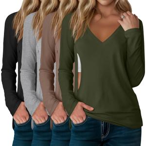 Sweetyweee 4 Pack Women's Long Sleeve Nursing Shirts with Hidden Zipper V Neck Breastfeeding Clothes Maternity Loose Fit Tops(Black, Light Gray, Mocha, Army Green, Small)