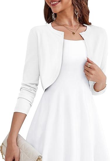 Women's Long Sleeve Cardigan - Cropped Open Front Knit Sweaters Bolero Shrug for Dresses (White, Medium)