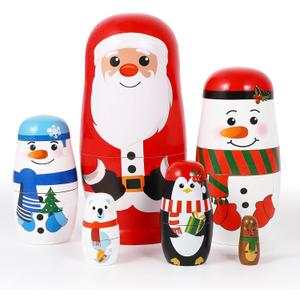 HEALLILY Christmas Wooden Stacking Doll Christmas Russian Matryoshka Doll Wooden Nested with Santa Claus Elk Snowman Polar Bear Penguin for Kids Birthday Toy Party Home Decor