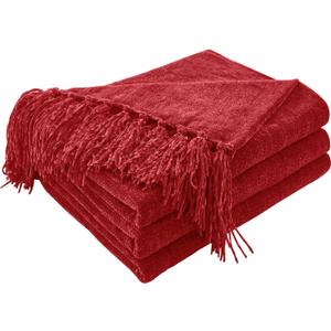 CozeCube Chenille Throw Blanket for Couch, Cozy Plush Fuzzy Decorative Christmas Red Blanket with Fringe Tassels, Lightweight Throws for Bed Sofa Gift Home Decor, 50"X60" Christmas Red