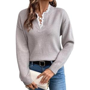 SHENHE Women's Lace Peplum Sweater 2026 Spring V Neck Casual Knit Long Sleeve Tops Elegant Lightweight Pullover Clothes, Size M