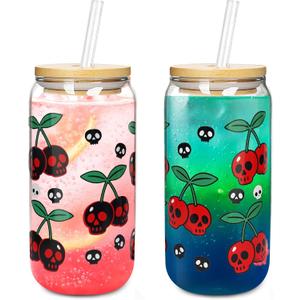 Halloween Cups 2 Pcs, 18 oz Skull Glass Cups with Lids and Straws Ghost Mug Glass Tumbler Mason Jar Iced Coffee Can, Spooky Gifts Boo Basket Stuffers Drinking Glasses Halloween Decorations