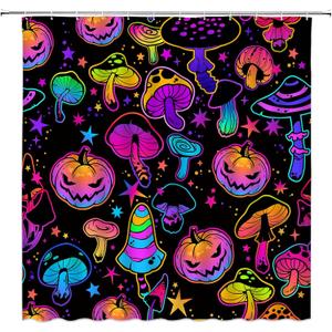 Neon Halloween Shower Curtain Colorful Pumpkin Mushroom Star Gothic Mysterious Spooky Fabric Decorative Bathroom Curtains with Hooks for Party,Black Purple Yellow