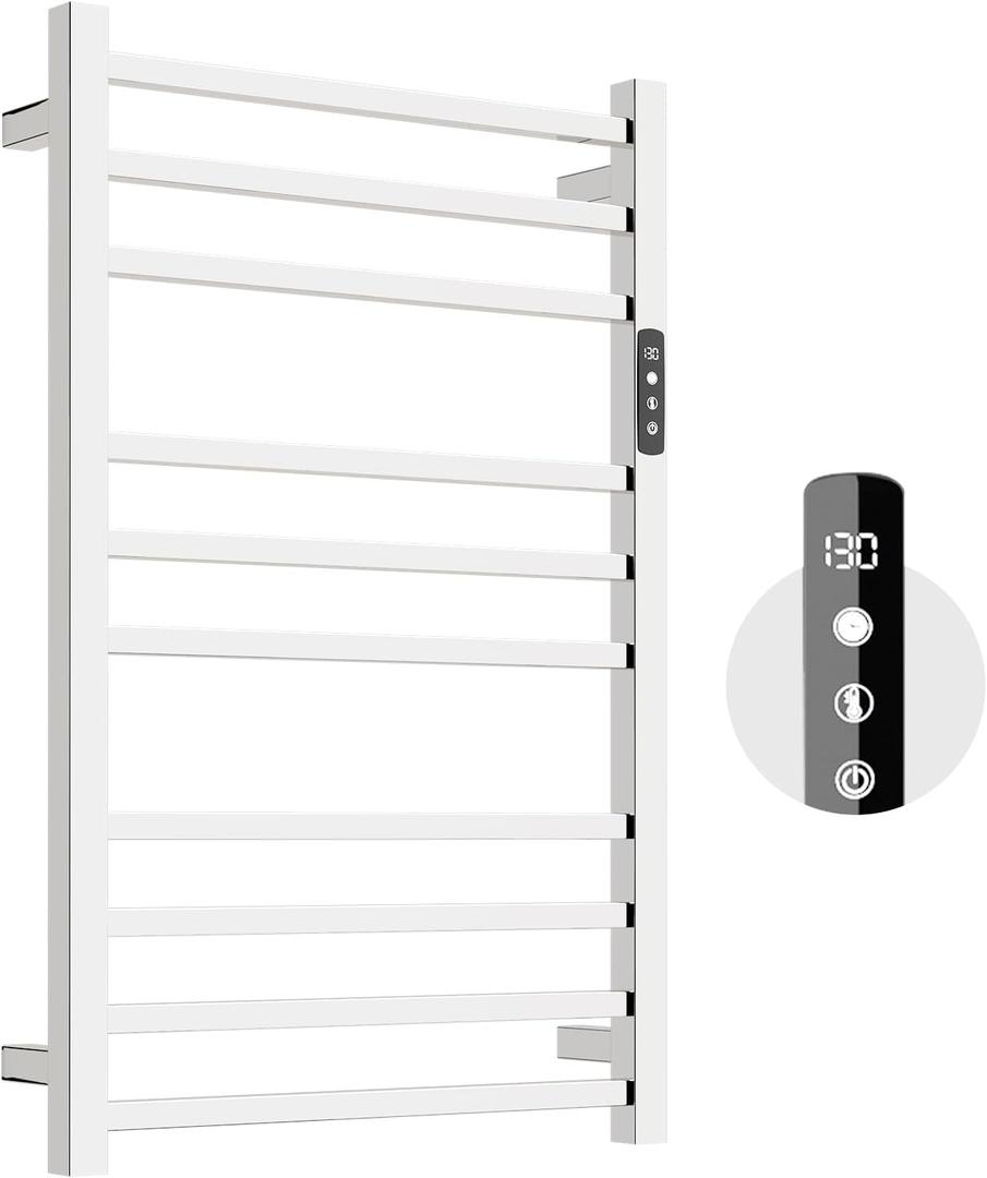 Towel Warmer,304 Stainless Steel Compact Towel Warmer Rack for Bathroom -10 Bars Wall Mounted Towel Heater with Intelligent Touch Screen Timer, Hard Wired/Plug-in, (Compact Design)