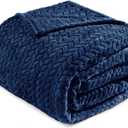 Exclusivo Mezcla Fleece Queen Size Blanket for Bed, 90x90 Inches Soft Cozy Jacquard Flannel Blankets, Lightweight Fuzzy Plush Warm for Women, Navy Blue