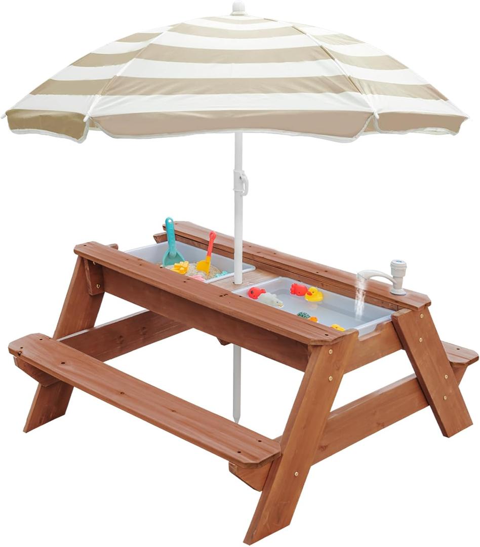 Kids 3-in-1 Sand & Water Activity Table, Wood Outdoor Convertible Picnic Table, 2 Play Boxes, Removable Top with Faucet, Picnic for Outdoor (Brown/Brown), 28" x 19.7" x 23.2"