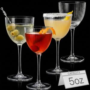 Physkoa Nick and Nora Cocktail Glasses Set of 4 5 oz Hand Blown 100% Lead-Free Crystal Ribbed Martini, Manhattan, Espresso Coupe Glasses for Home Bar, Birthday Wedding Housewarming Gifts