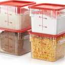 CURTA 4 Pack Food Storage Container with Red Lid - NSF Commercial Grade in 6.0 Qt - Square, Clear, Polycarbonate