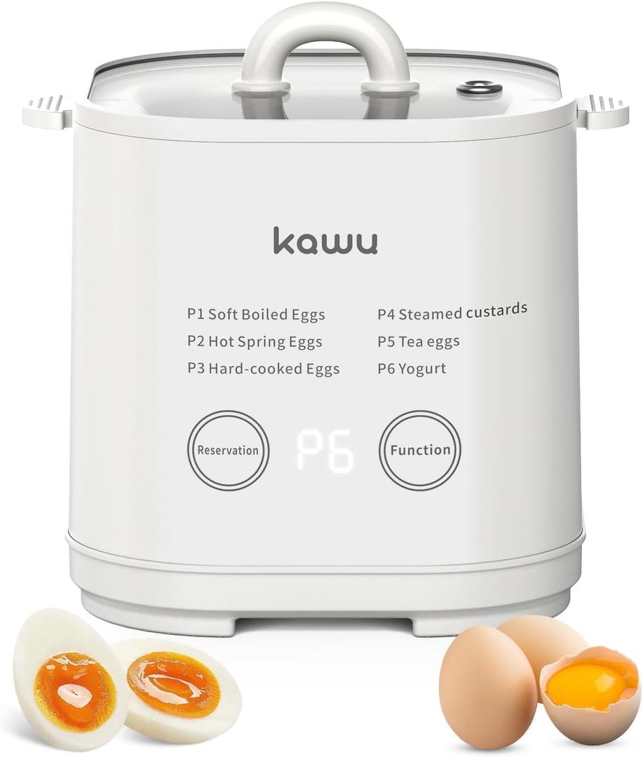 Kawu Egg Cooker, 6-in-1 Electric Rapid Egg Poacher for Hard Boiled Eggs, Yogurt, Custard, 12H Delay Start & Auto Off, Portable Breakfast Maker with Stainless Steel Bowl, 4 Eggs (White)