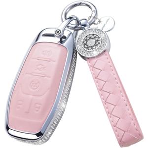 for Ford Key Fob Cover with Keychain, Leather Crystal Key Case Protector Compatible with Ford Fusion Mustang F150 Edge Explorer Lincoln MKZ MKC MKX Smart Remote Key, Pink (model 2-pink)