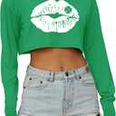 Women's St. Patrick's Day Crop Top St. Paddy's Day Shirt Irish Shirts Shamrock Graphic Long Sleeve Crop Tops for Teen Girls (La-green) M