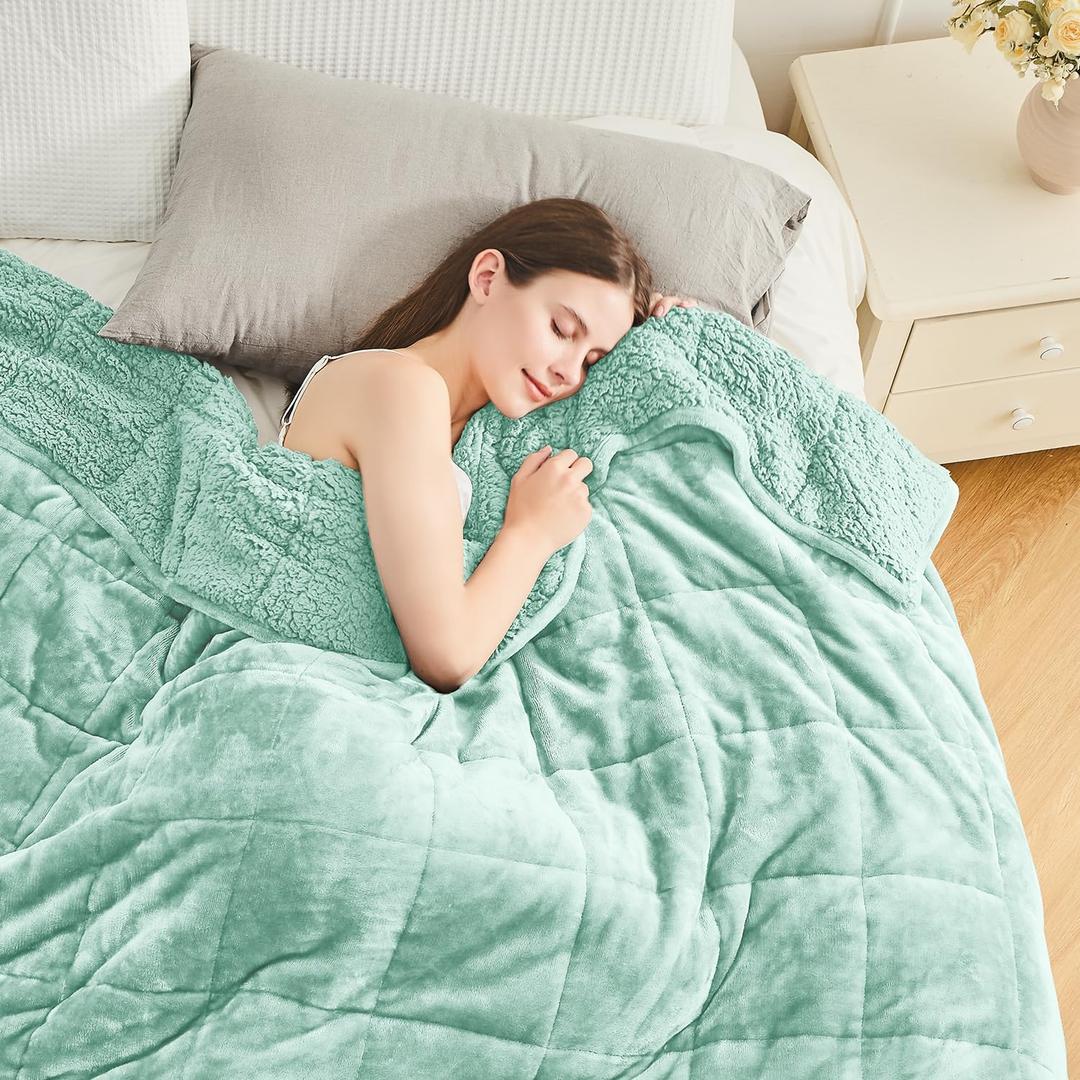 Cottonblue Weighted Blanket for Adults 15 lbs Queen Size 60x80 inches, Cozy Flannel Sherpa Weighted Throw Blankets Comfortable for Calming and Relax, Shaggy Fleece Bed Sofa Heavy Blankets, Dusty Green