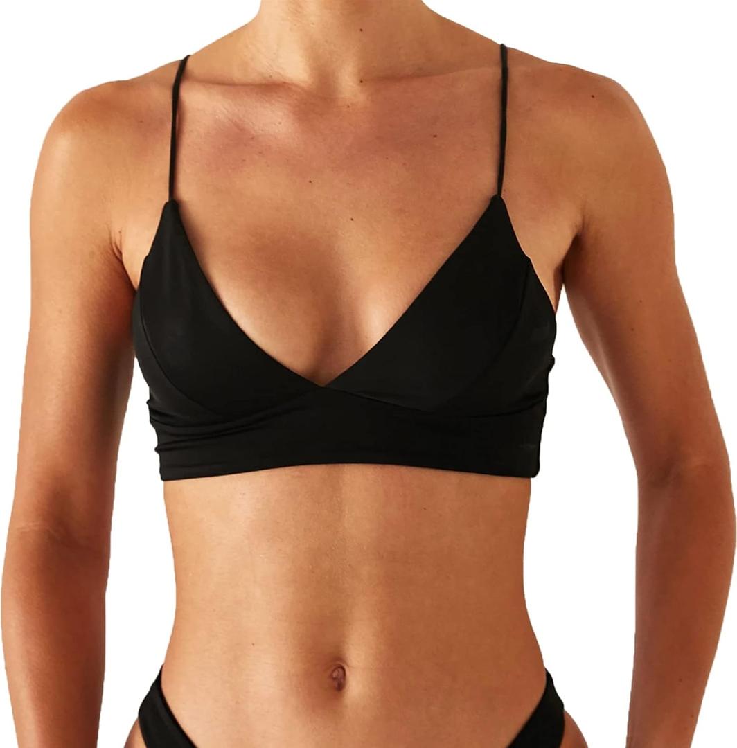 Women's Bikini Top Soild Color Push Up V Neck Bathing Suit Swimsuit Top (Black, M)