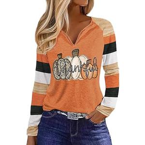 Fall Pumpkin T Shirts for Women Thanksgiving Halloween Pumpkin Graphic Tees Spriped Splicing Long Sleeve Shirt Tops, Size XXL