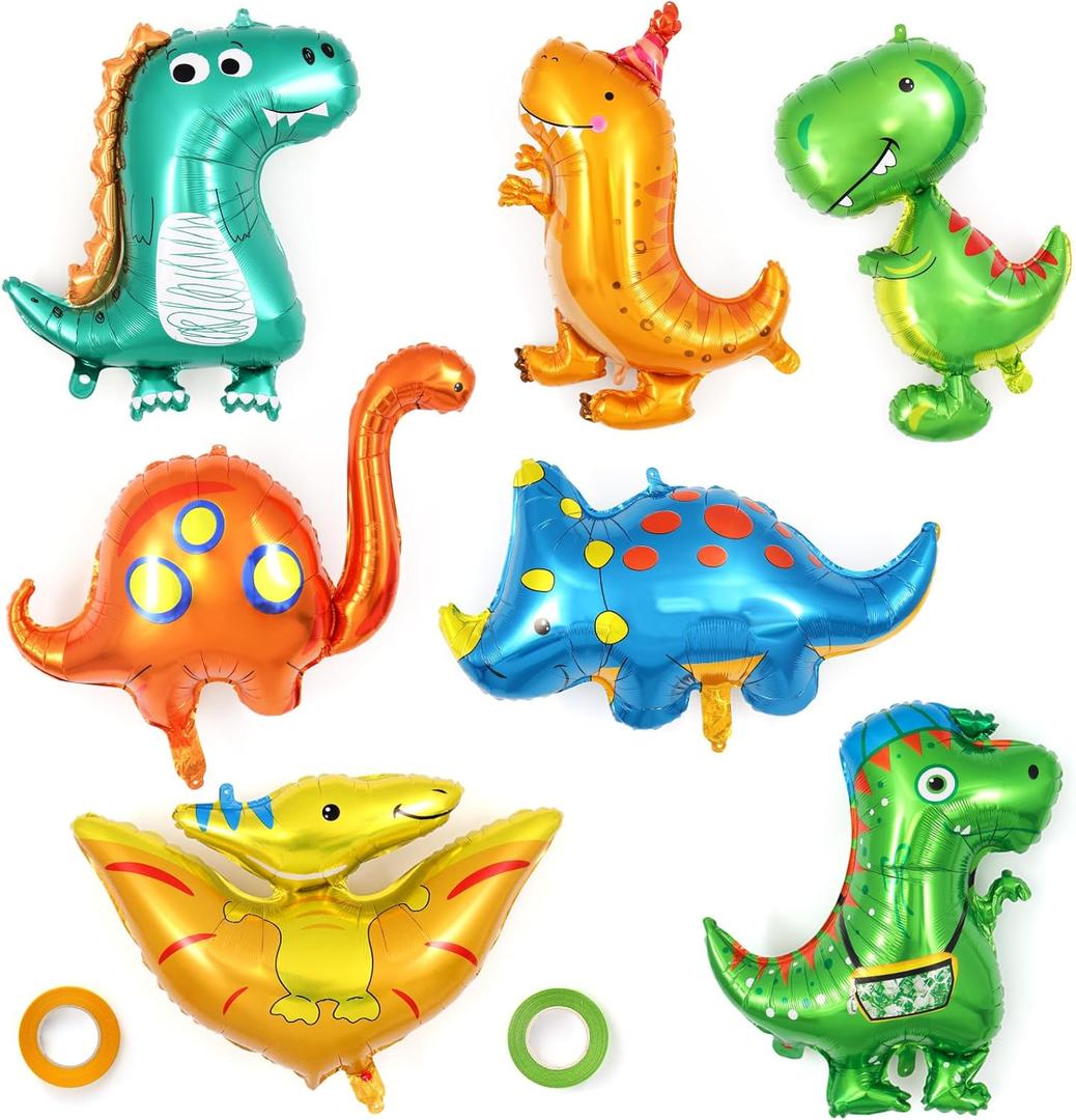 7 Pcs Dinosaur Balloons, Baby Dinosaur Foil Balloons, Giant Dino Animal Mylar Balloons for Dino Animal Birthday Party Baby Shower Gender Reveal Decorations