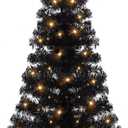 Juegoal Lighted Artificial Halloween Black Christmas Tree, 4FT Black Tinsel Pine Tree with 70 LED Purple Lights, 8 Modes & Timer for Home Party Decorations