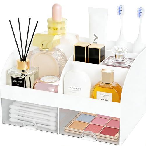 Makeup Organizer with 2 Drawers, Cosmetic Storage for Dresser Vanity and Bathroom Countertop,Make up organization and Skincare Storage with Beauty Brush Holder, Cosmetic Display Case (White)