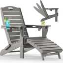 Ciokea Folding Adirondack Chair with Retractable Ottoman Fire Pit Patio Chair with Pull Out Foot Rest Weather Resistant Lawn Outdoor Lounge Chair with 2 Cup Holder (Grey)