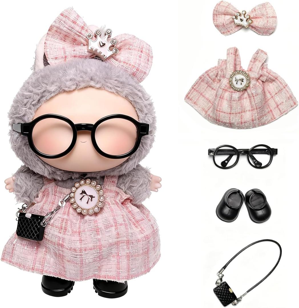 3 x 17cm Doll Clothes for Labubu, Clothing Outfits & Accessories Set, Dress Up Outfit for Labubu Doll with Purse Shoes Glasses (Pink Dress Set)