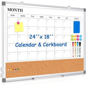 Monthly Calendar Whiteboard Dry Erase Cork Board Combo for Wall, 24" x 18" Double-Sided Calendar White Board and Bulletin Board, Portable Board for Office, Kitchen, School, Home