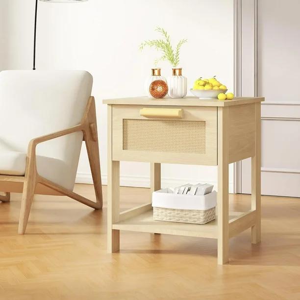 AWQM Rattan Nightstand, Rattan End Table, Side Table with Rattan Drawer and Opening Shelf, Wood Accent Table with Storage, Natural Bedside Table, Suitable for Bedroom, Living Room (1PCS)