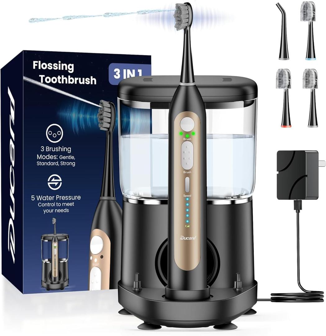 Electric Toothbrush with Water Flosser, Upgrade Flossing Toothbrush Combo with 3 Brush, 5 Floss Speeds& 3 Brush Modes, 500mL Tank, 30-Day Battery, for Adults & Teens, Gums, Braces-Black