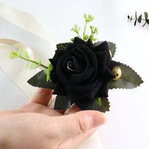 White Pink Wine Red Rose Wrist Corsage Boutonnieres for Best Bridesmaid Groomsmen Wedding Men Women Boy Girl Prom Party Suit Decoration (Black Corsage)
