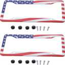 BYOBYO 2Pcs American Flag License Plate Frame 12x6inch Car Classic Red Blue Flag Pattern Frames Covers USA Flag License Plate Holder 4 Holes Car Parts Decorations, 12.40x6.38in