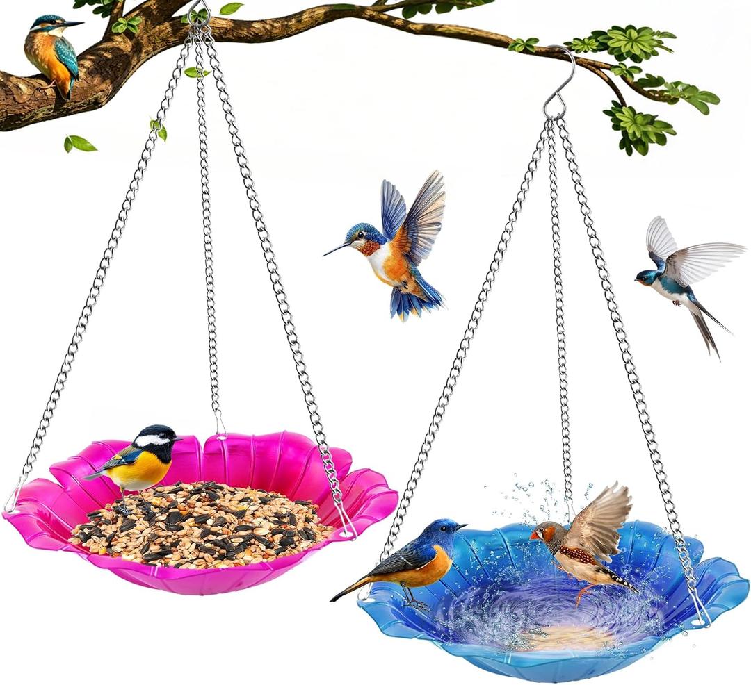 2 Pack Hanging Bird Bath for Outdoors, 11 Inch Metal Bird Feeder Water Bowl with Rust-Proof Stainless Steel Chains Flower Shape Hanging Birdbaths Feeder for Outside Garden Yard Patio Decor