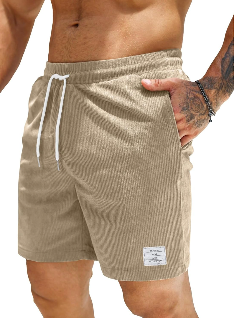 JMIERR Men's Corduroy Shorts Casual Elastic Waist Drawstring Lightweight Summer Beach Shorts Size 36