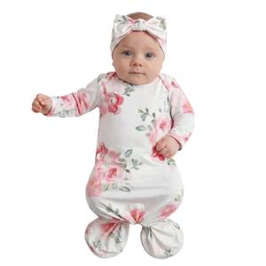 Baby Knotted Gown Newborns 0-6 Months, Soft Breathable Newborn Sleeper Gowns, Baby Girl Coming Home Outfit Essential Gift Watercolor Floral with Headband Set
