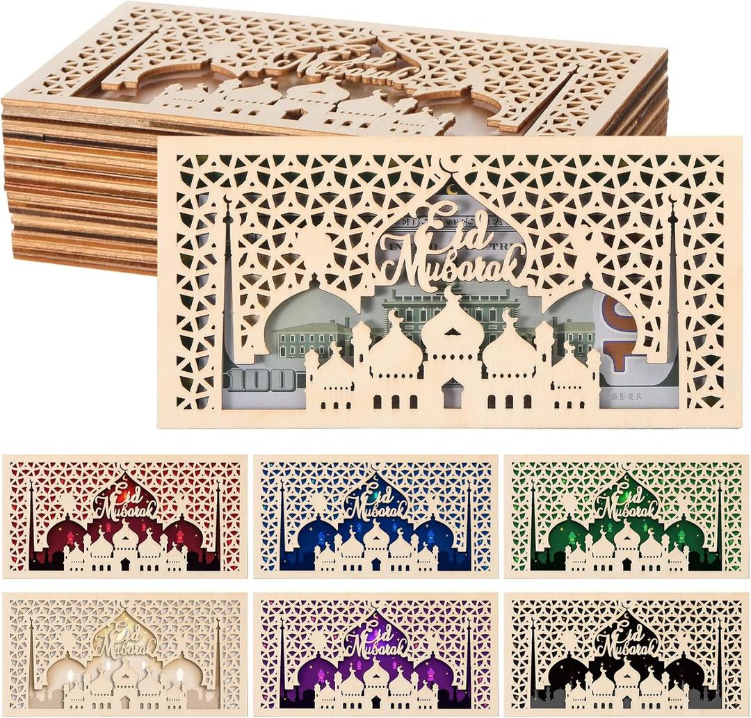 Novabright 12 Pcs Eid Mubarak Wooden Money Holders Ramadan Cash Envelope Cash Wallet DIY Eid Holders for Friends Family Muslim Party Decoration, 6 Styles (Horizontal)