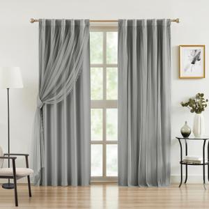 Bujasso Grey 90% Blackout Curtains with Sheer Overlay Mix and Match Double Layer Window Curtains Thermal Insulated 84 inch for Bedroom Gray Drapes with Tiebacks Rod Pocket Back Tab 37" Wx84 Lx2