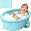 Baby Bathtub with Inflatable Top Edge, Extra Stable Infant Bath Tub, Collapsible & Portable for Baby Bath Time, No Tilt Design for 12M-6Y Toddler, No Assembly for Travel Shower (Large)