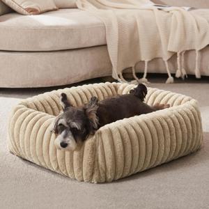 FURTIME Dog Bed for Small Dogs, Washable Orthopedic Dog Bed with Removable Cover, Rectangle Soft Calming Sleeping Puppy Bed Durable Pet Cuddler with Anti-Slip Bottom, Beige, S (20"x19"x6")