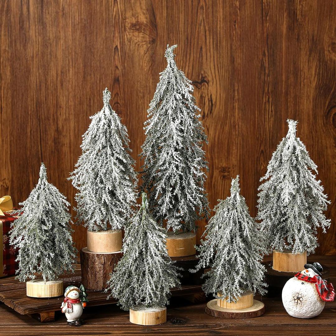 Sosation 6 Pcs Mini Christmas Tree Villages Tabletop Bottle Brush Trees Desk Small Christmas 6 Size Norfolk Pine Xmas Tree with Wooden Bases Spray Snow Separate for Table Indoor Winter Gift Decor