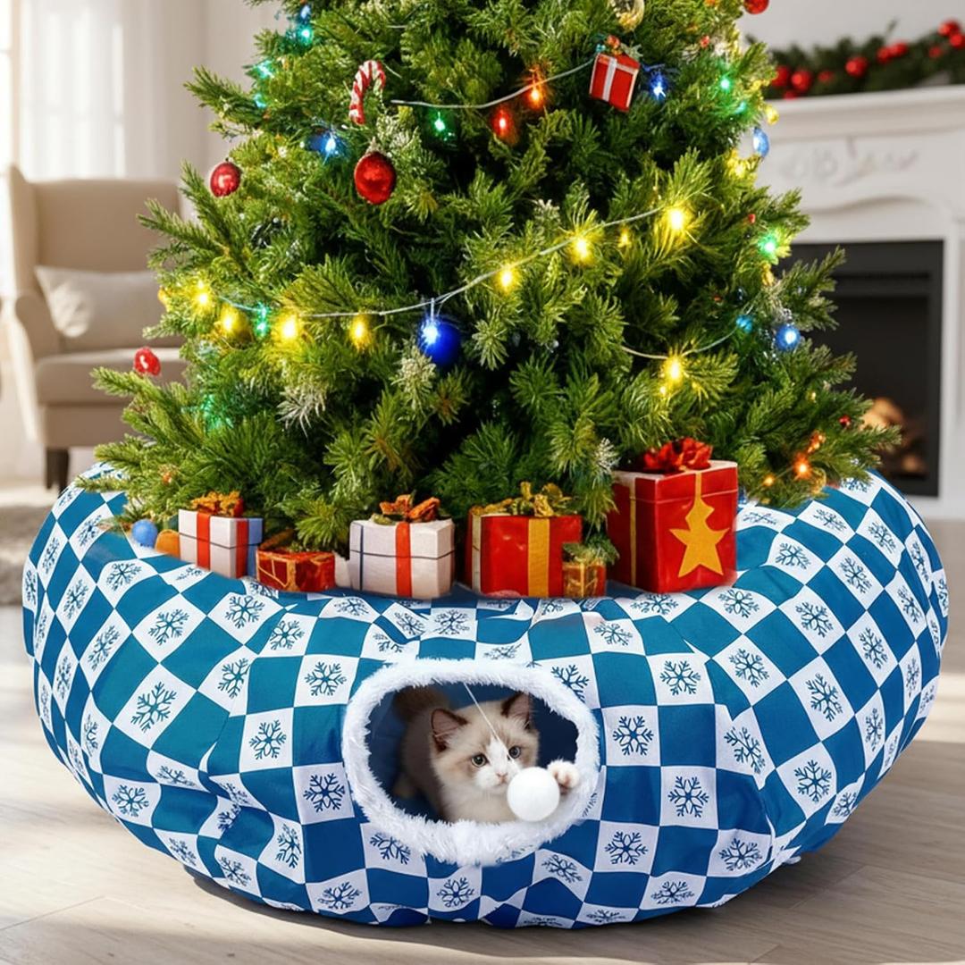Cat Tunnel Christmas Tree Skirt Cat Donut Tunnel Bed for Indoor Cats with Ball Snowflake Collar Cats Cave for Small Medium Kitten Puppy Under Xmas Trees Decor Gift(Snowflake)